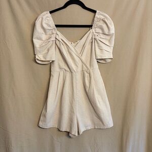 All in Favor XS Beige Cotton/Linen Blend Romper Pleated Puffed Sleeves *Read*